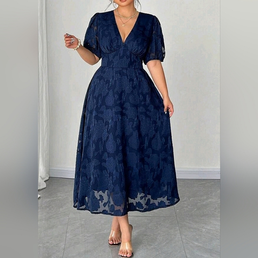 New Chic Sheer Textured Lace Midi Dress PLUS Puffed Sleeve Navy Blue - Picture 2 of 14
